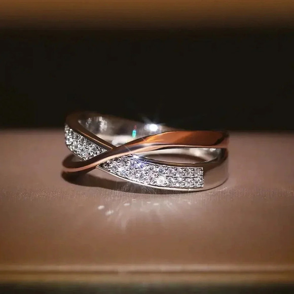 925 Silver Rose Gold Diamond Cross Ring Band - Picture 2 of 5